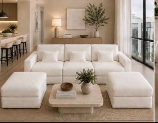 Boneless Sofa, 3 seater with ottoman ,couch , white teddy (boucle )  modular , Boneless , No Assembly Required L-7