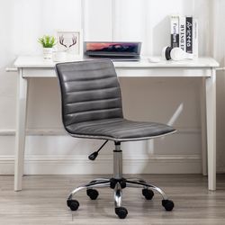 BRAND NEW Modern Ribbed Leather Office Task Chair – Sleek Armless Swivel Design – Gray & Chrome 