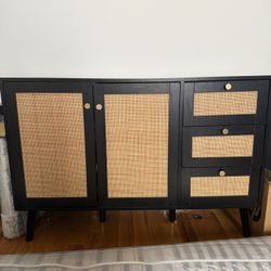 Black and Rattan Buffet Storage Cabinet 2 Doors 3 Drawers 