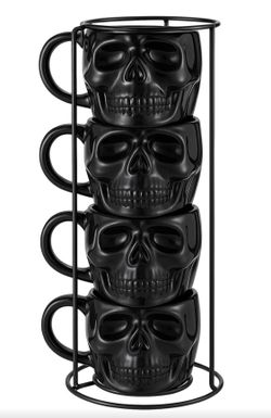🖤 Set of 4 Black Skull Mugs with Metal Stand ☠️ / Set de 4 Tazas Calavera Negras con Base Metálica