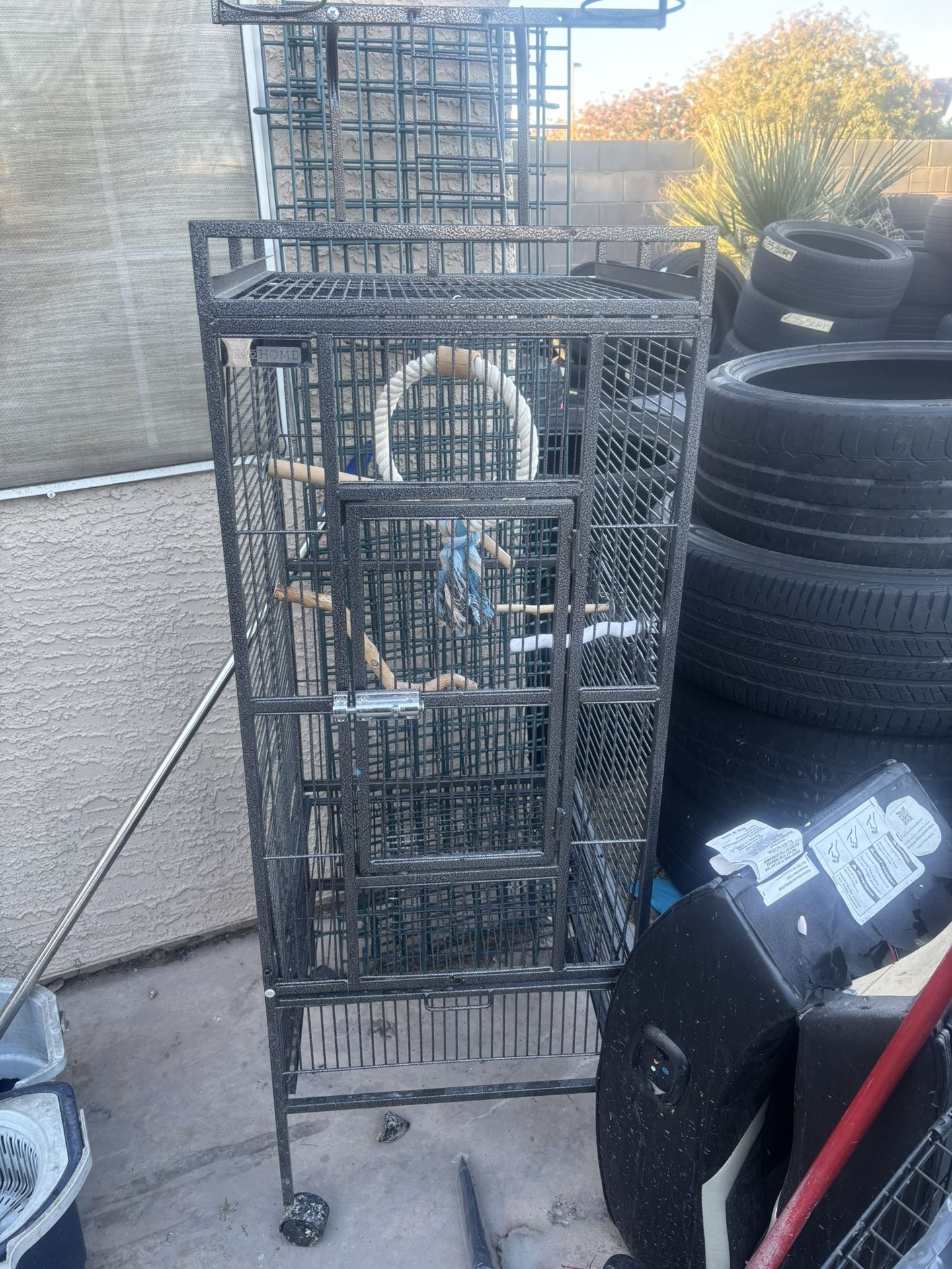 Bird Cage And Bin Full Of Toys & Bowls