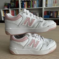 New Balance 480 Shoes Kids Girls Size 11 Wide Pink White Low Leather Sneakers