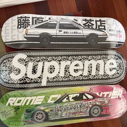 Supreme skateboard, initial D AE86, and formula drift, signed board by FD driver Rome carpintire