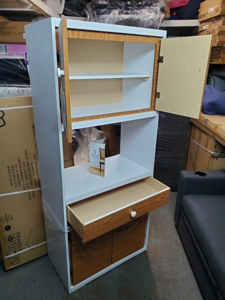 New Assembled White & Oak Kitchen Shelving Storage Pantry Cabinet Special With Drawer. Come Visit Our Store In Paramount For More Specials