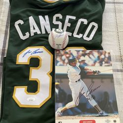 Jose Canseco Autographed Pro-Style Jersey, OMLLogo Baseball And 8x10 Photo Oakland Athletics AWM COA  $195 Bundle Deal. 