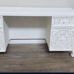 anthropologie table white wooden carved