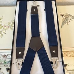 NEW! Y-Back Suspenders Navy Blue w/Dark Brown Leather Detail & Metal Hooks 