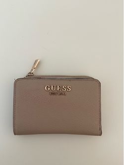 GUESS taupe wallet with gold accents