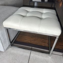 Modern Tufted White Faux Leather Ottoman / Bench - Chrome Base 