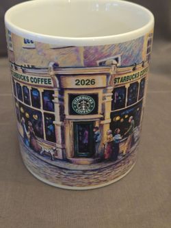 2001 Starbucks Coffee Collectible Mug BARISTA with 2026 Victorian Storefront
