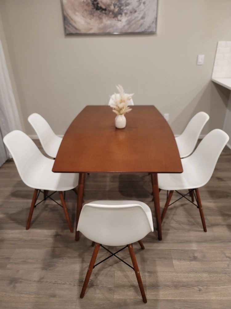 Brown Table and 6 White Chairs