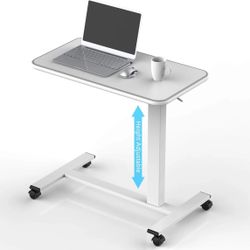 Hitacts Overbed Table Height Adjustable Pneumatic Hospital Bed Table With Lockable Wheels Rolling Bedside Table Standing Desk Bed Table For Home Offic