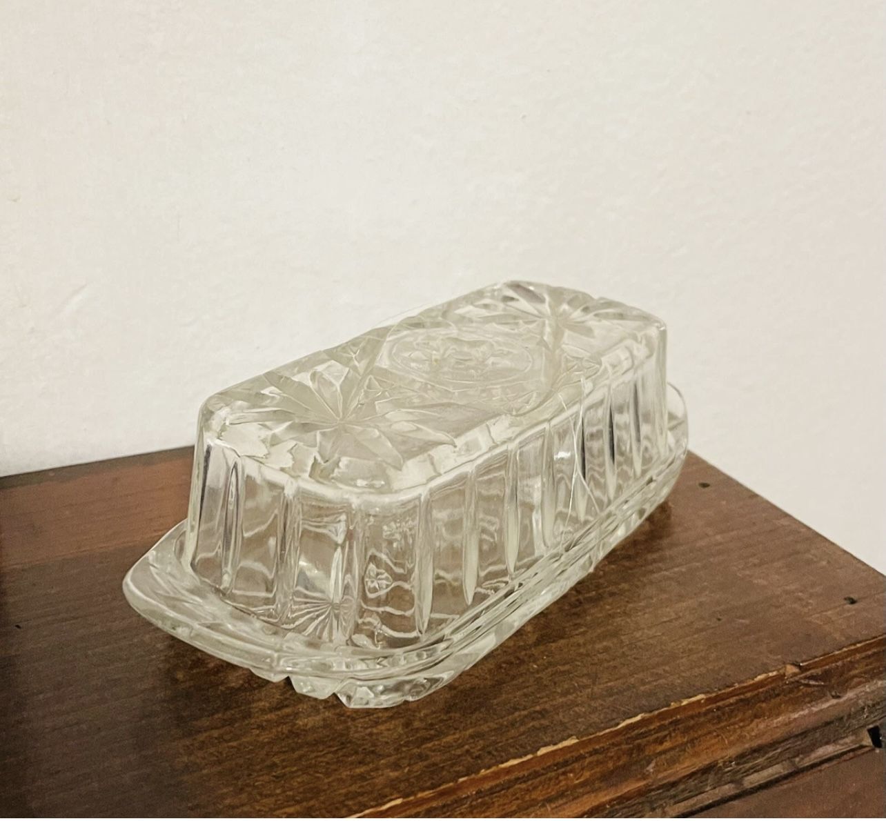 Vintage Anchor Hocking Star Of David Cut Glass Butter Dish w Lid