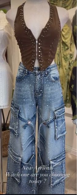 Rhinestone jeans / Women cargo shinny