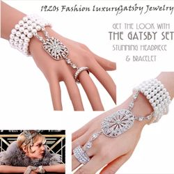 1920s Bollywood Bracelet Wedding Finger Ring Crystal Pearls Diamond Bangle Chain