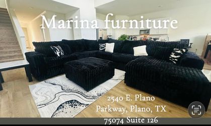 Black Corduroy Sectional Sofa with Ottoman
