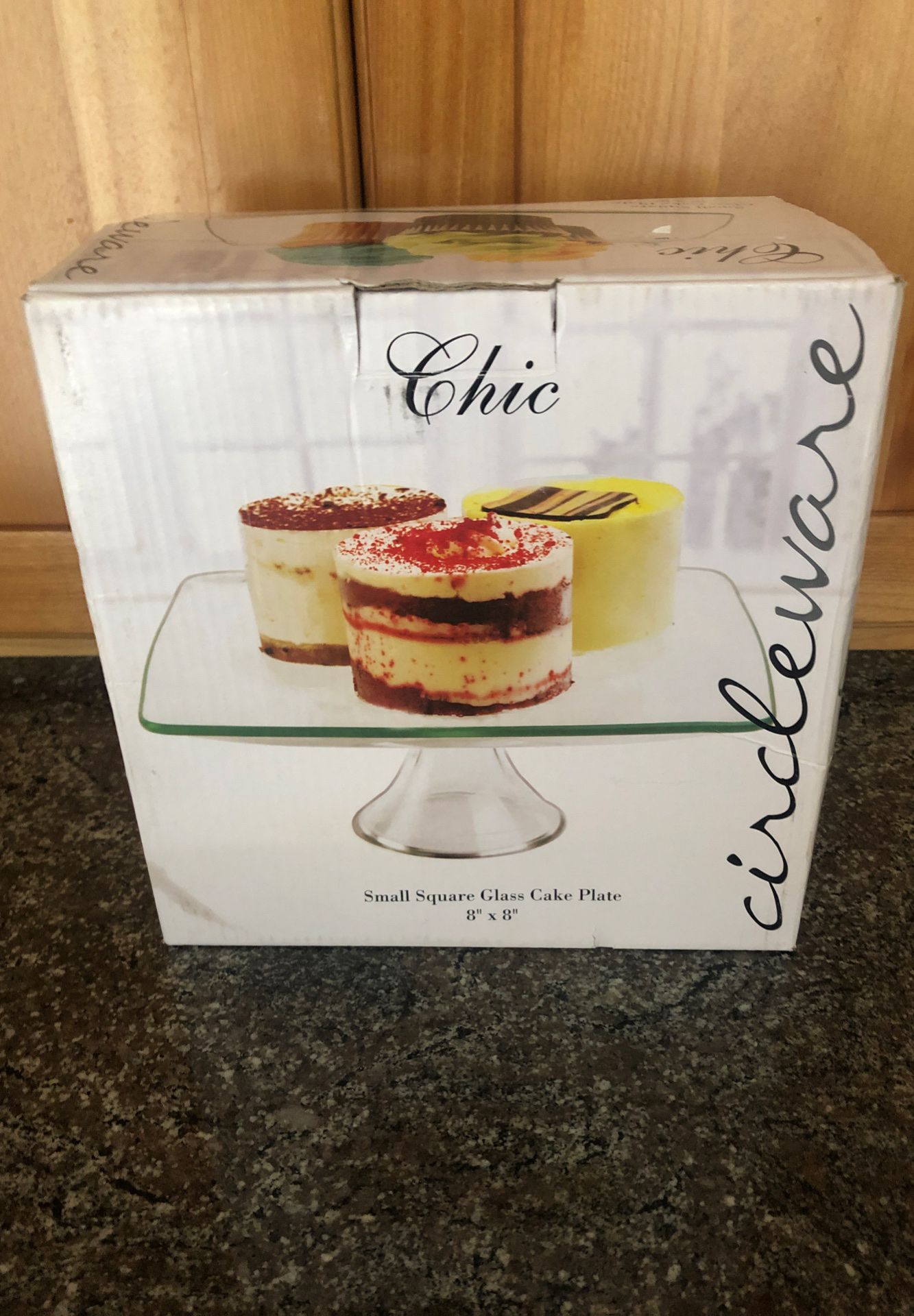 Small square glass cake plate. New in box.