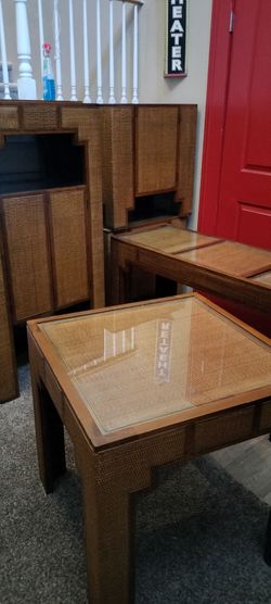 1970's walnut console table with wrapped grasscloth cane surround and removable glass inserts. Mughal-inspired Rayn wicker furniture 7 piece