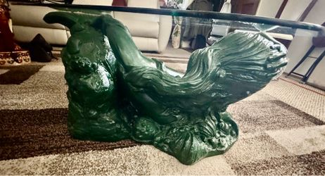 Heavy Vintage Large Dark Green Mermaid Coffee Table with a glass Top. With Dolphin The mermaid is sculpted in a Reclining pose