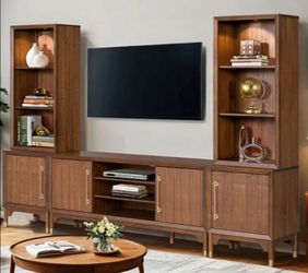 Brand New Walnut Mid-Century Modern Style Entertainment Center