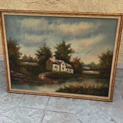 Very Large Painting, Vintage G. Closson English Cottage Canvas Framed Painting, 51” X40”, $15 ( moving sale)