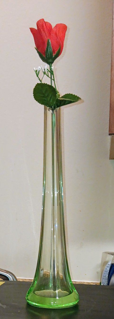 Vintage 14" Tall Green Glass Vase 