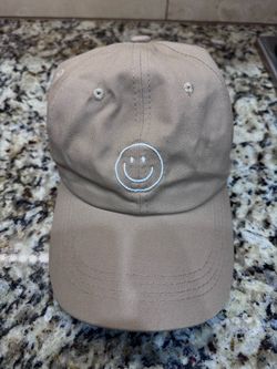 Tan Dad Hat with Smiley Face Embroidery