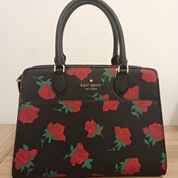 Kate Spade Madison Rose Toss Print Black Leather Satchel Crossbody Bag