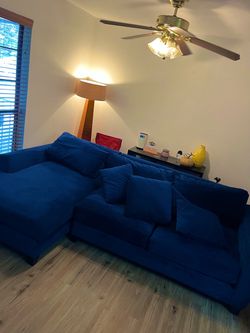 Jonathan Luis Blue Velvet Sectional Sofa with Cushions