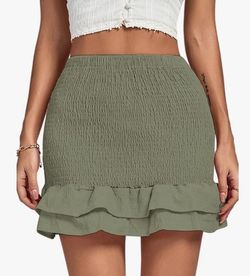 Women's Ruffle Shirred High Waisted Cute Mini Skirt Army Green X-Large