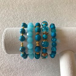 Stretch Bracelets/Bracelets/Beaded Stacking Bracelet/Healing Stones/Blue Turquoise/Women's Bohemian/Vintage/Faceted Bracelets/Gold