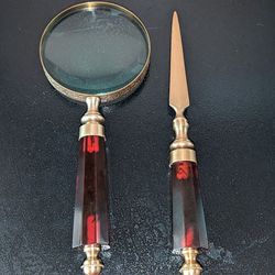 Vintage Rubby Red/Bronze Plated/ Embroidered Glass Mag. & Letter Opener Desk Set