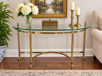 Vintage LaBarge Style Brass & Beveled Glass Demilune Console Table – Hollywood Regency!