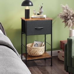 Nightstand, End Table with Fabric Storage Drawer and Open Wood Shelf, Bedside Furniture with Steel Frame, Side Table for Bedroom