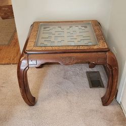 Vintage Asian Style Lattice Top with Glass and Carved Wood Ming Apron and Leg End Side Table 21" H