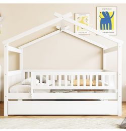 White Wooden House Bed With Trundle Toddler Bed Frame