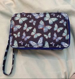 Blue Butterfly Pill Organizer Case, Faux Leather Weekly Pill Box Compact Size
