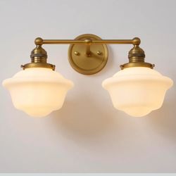 Vintage 2-Lights Wall Sconce Lights Brass Gold Bathroom Vanity Light with Milk Glass Double Sconce Wall Mounted Lamp for Bedroom Living Room Bathroom 