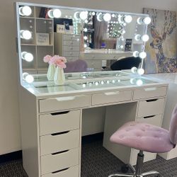 Makeup Vanity Glass Top With Bluetooth Mirror financing available Chair not included