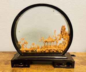 Vintage Chinese Cork Carving Diorama 8" Pagoda Landscape Under Glass Black Lacquer Base
