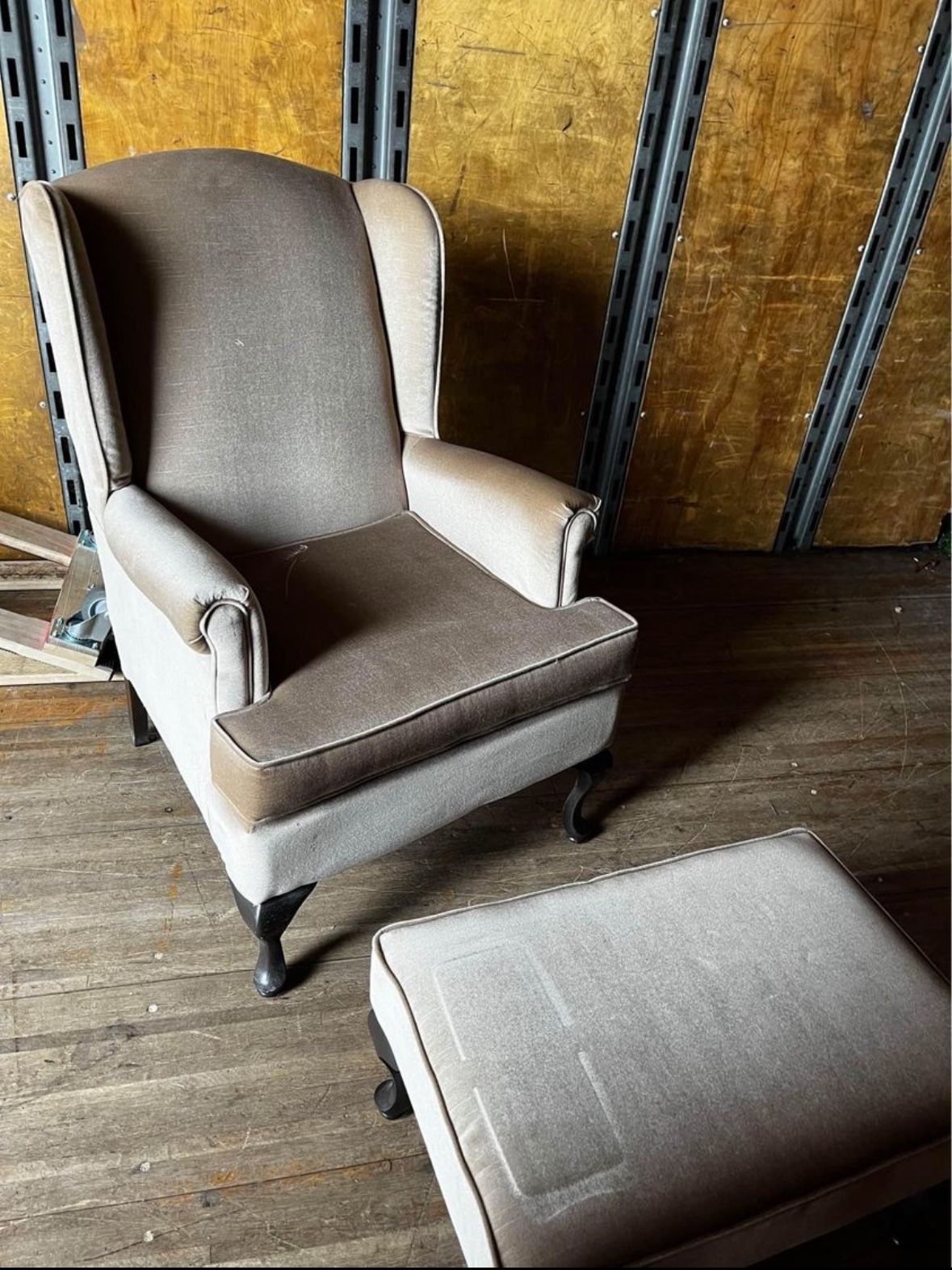 Gray/brown velvet accent chair with matching ottoman