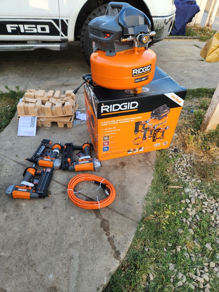 Exclusive
RIDGID
6 Gal. 150 PSI Electric Air Compressor with 25 ft. Hose, 18GA Brad Nailer, 16GA Finish Nailer and 18GA Finish Stapler
