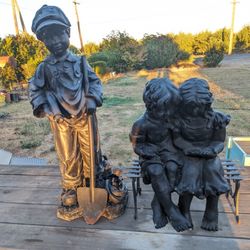 Resin Young Fisherman and Children Reading Book Garden Statues

