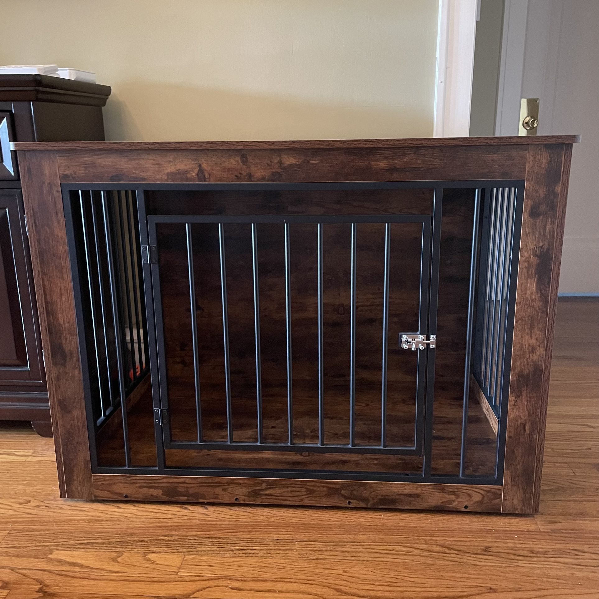 Dog Crate Furniture for Large Dog, 2-in-1 Iron-Wood Fusion Modern Dogs Kennel Indoor up to 80 lb, Side End Table, Adjustable feet