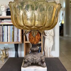 Amber Glass Compote with Metal Pedestal and Marble Base #2