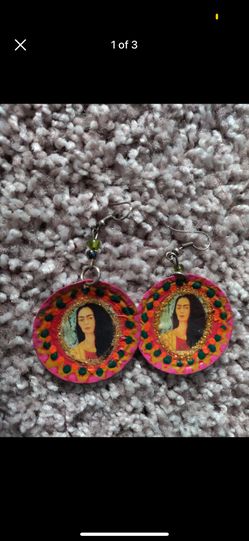 Frida Kahlo Earrings Dangle Red Bottle Cap Art Handmade Painted