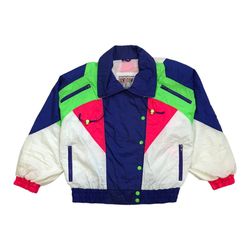 VINTAGE SKI SNOW WINDBREAKER JACKET MEDIUM M COLORBLOCK SHOULDER PADS FULL ZIP