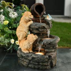 LuxenHome Outdoor Water Fountain, 26" Puppy and Rock Resin Water Fountains Indoor with LED Lights,F1951