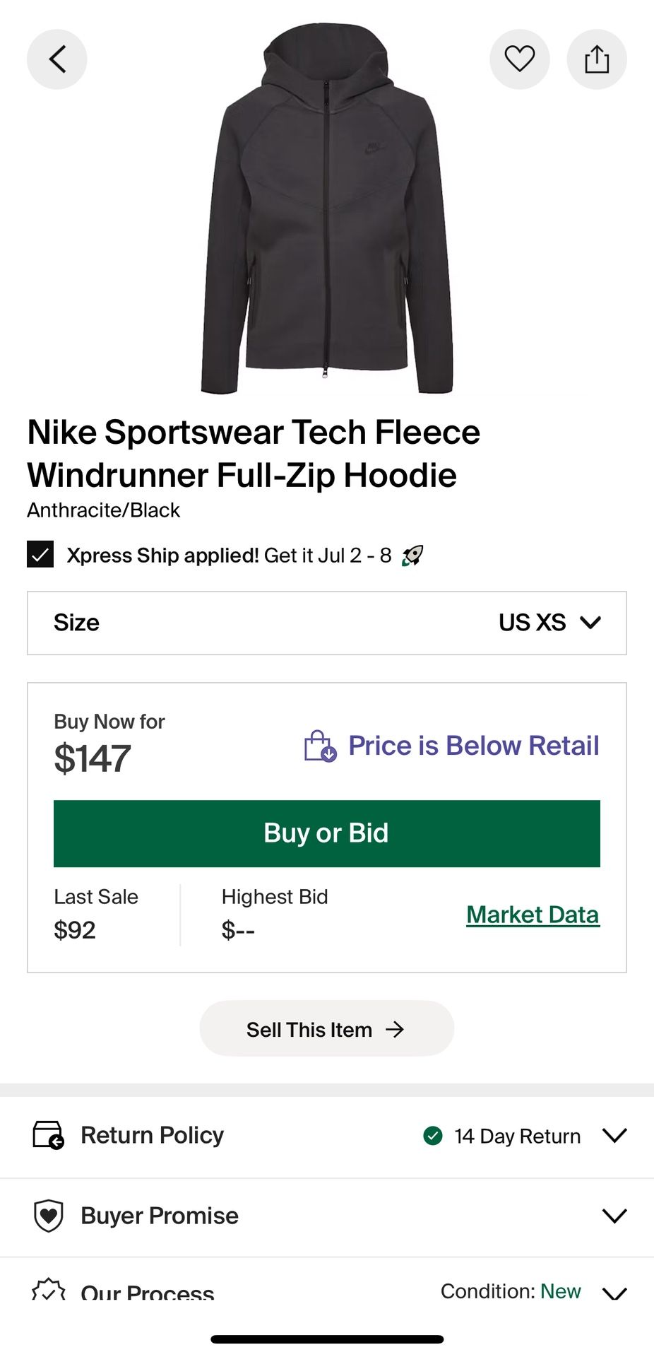 Xs Anthracite/black Nike Sportswear Tech Fleece Windrunner Full-zip Hoodie