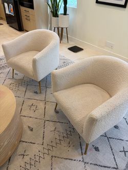 Pair of Cream Boucle Accent Chairs with Gold Legs